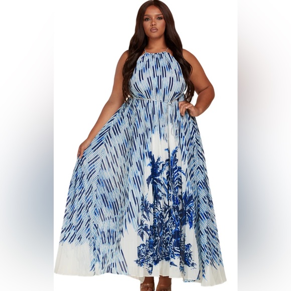 Sleeveless Maxi Dress In Blue And White Print - Picture 1 of 6